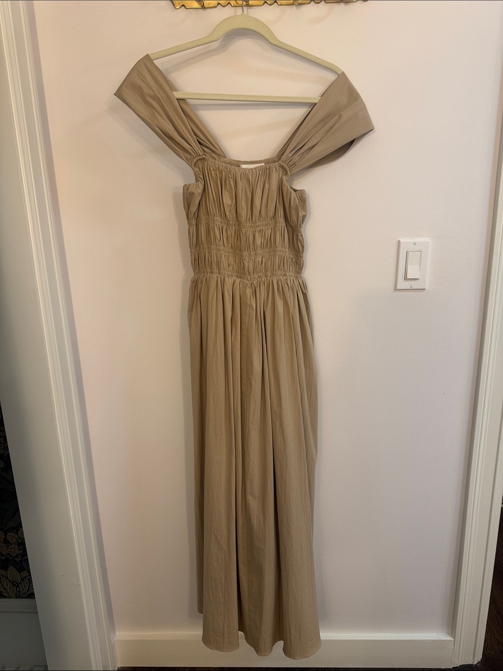 Neutral Beige Off-Shoulder Smocked Maxi Dress